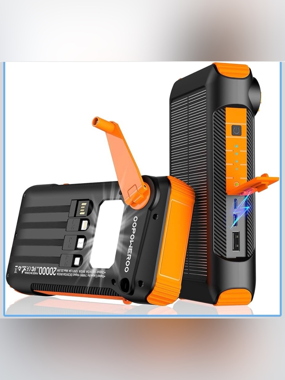 Solar Power Bank 20000mAh Built in Hand Crank and 4 Cables 22.5W Fast Charge